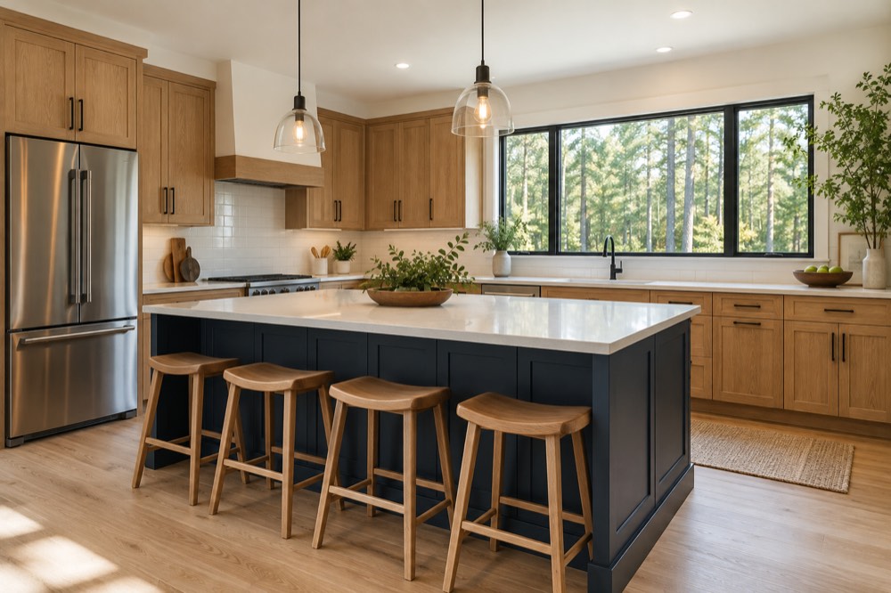 Oak kitchen cabinetry with deep blue accents