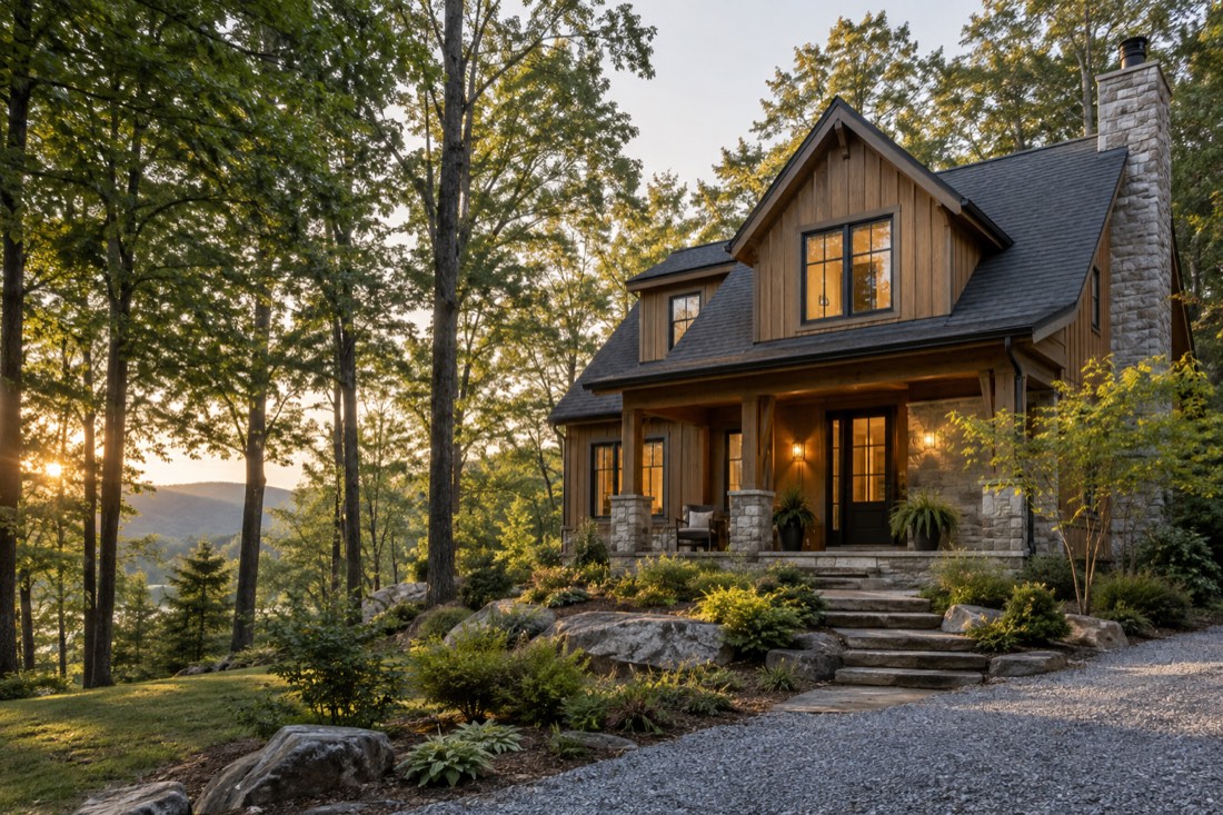 Wooded vacation home with a welcoming illuminated entrance